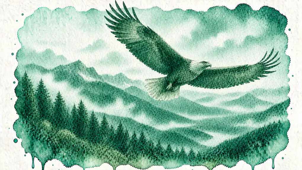 Symbolique aigle : aquarelle d’un aigle en vol, ailes déployées, au-dessus d’une vallée de montagnes et de sapins