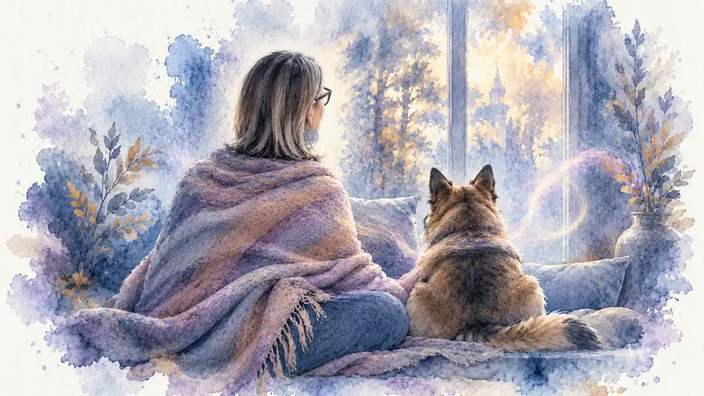 Animal miroir de son maître : aquarelle de Sophie, de dos devant une fenêtre, et d’un chien de berger assis contre elle