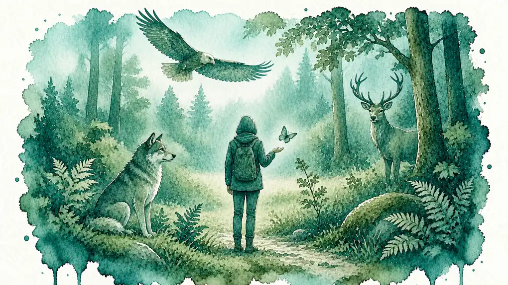 Animal totem : aquarelle d’une personne de dos dans une clairière, entourée d’un loup, d’un cerf, d’un aigle et d’un papillon