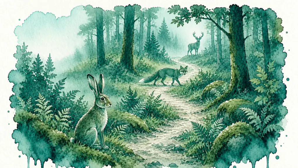 Animal totem date de naissance : aquarelle d’un long sentier de forêt où l’on croise un lièvre, puis un renard, puis un cerf