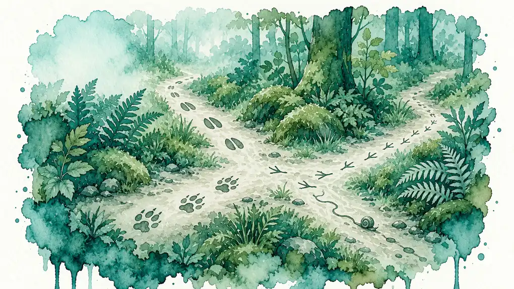 Animal totem test : aquarelle d’un carrefour de sentiers en forêt, où se croisent des empreintes de renard, de cerf et d’oiseau, et la trace d’un escargot