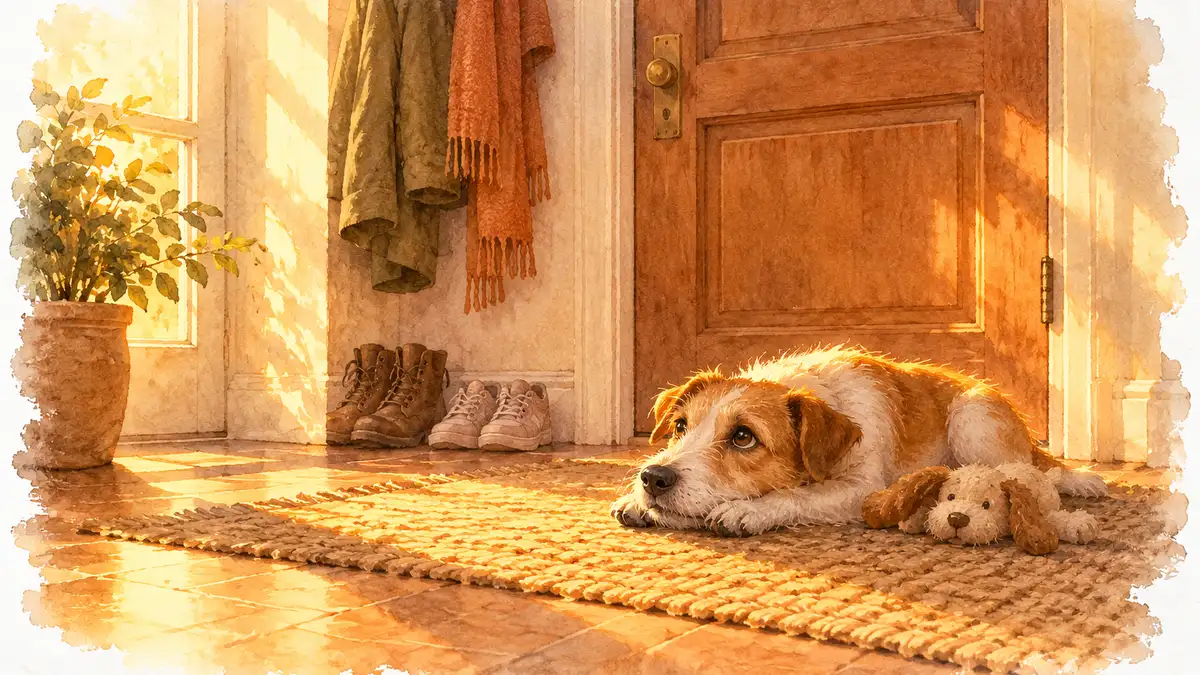Anxiété de séparation chien : aquarelle d’un petit chien couché sur le tapis devant la porte d’entrée fermée, sa peluche contre lui