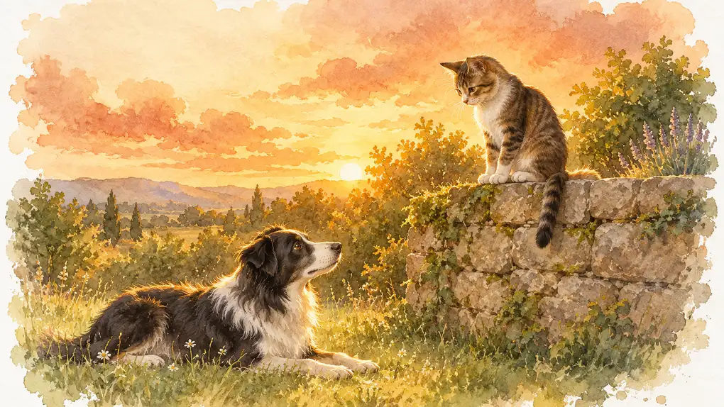 Cohabitation chien chat : aquarelle d’un jeune chat tigré et blanc perché sur un muret, qui observe un chien noir et blanc couché dans l’herbe, au coucher du soleil