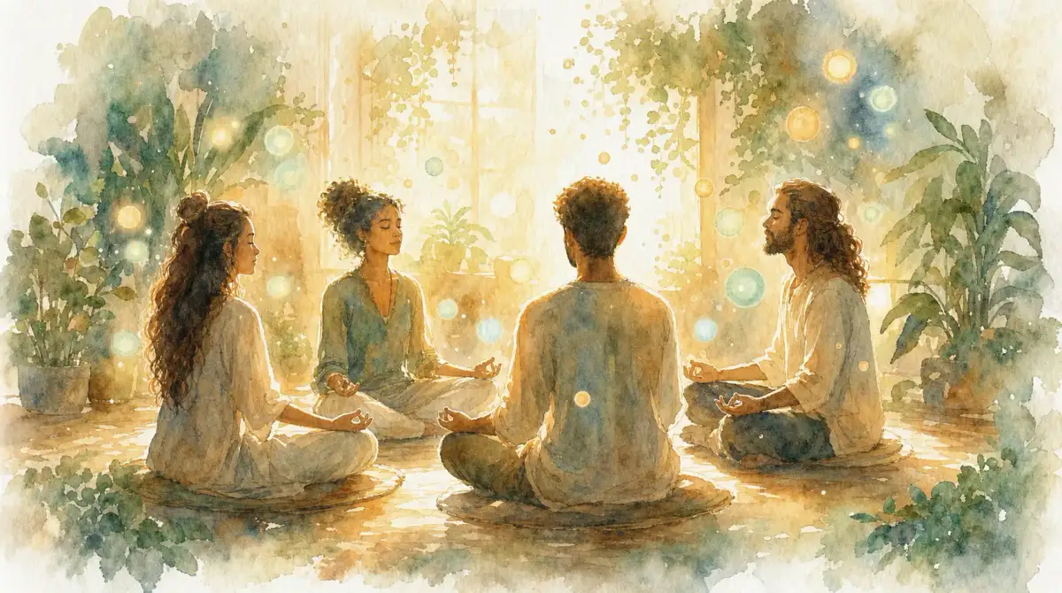 Atelier méditation guidée : aquarelle de quatre personnes assises en cercle sur des coussins, les yeux fermés, au milieu de plantes