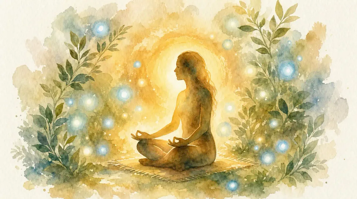 Bien-être du thérapeute : aquarelle d’une femme assise en tailleur qui médite, entourée de feuillages et de points de lumière