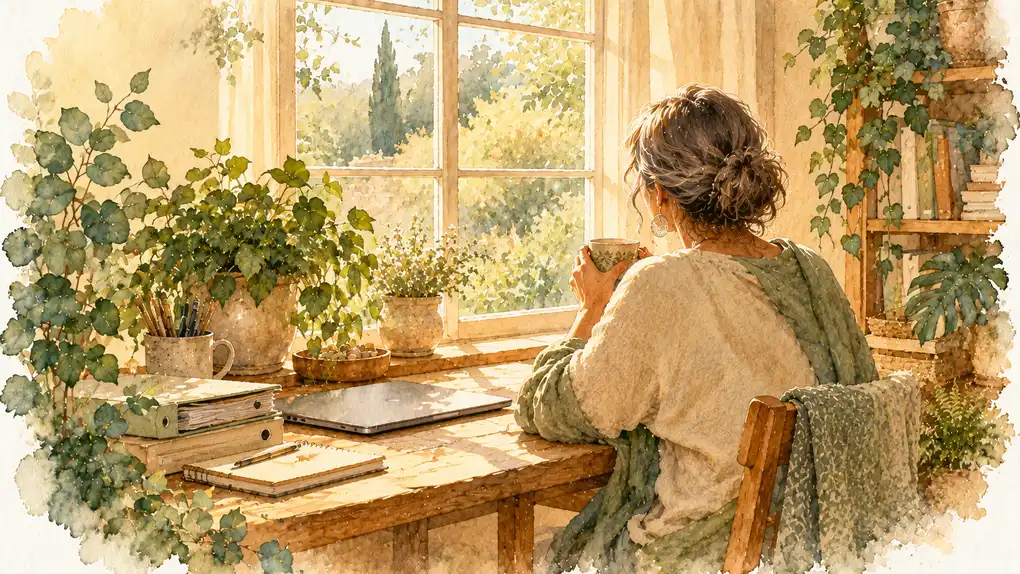 Burn out bore out brown out : aquarelle d’une femme vue de dos, assise près d’une fenêtre, une tasse entre les mains, son ordinateur fermé posé à côté de classeurs