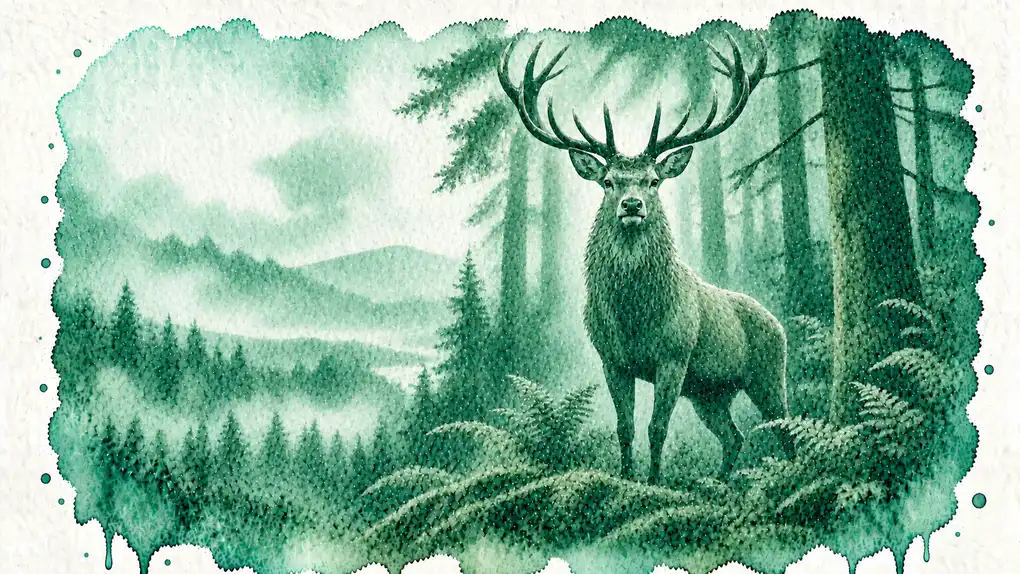 Symbolique cerf : aquarelle d’un cerf aux grands bois, la tête haute, à la lisière d’une forêt