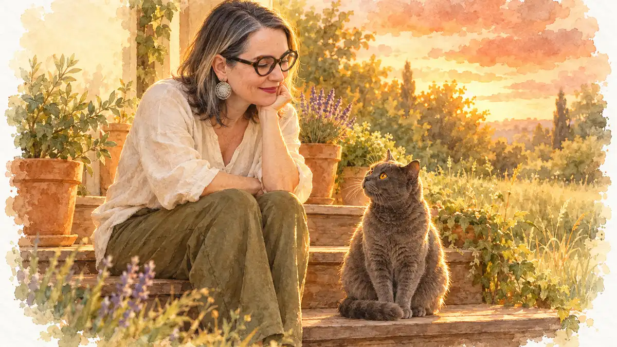 Changement de comportement chat : aquarelle de Sophie assise sur les marches d’un jardin, le menton dans la main, qui écoute Iro, son chat gris, assis à ses pieds