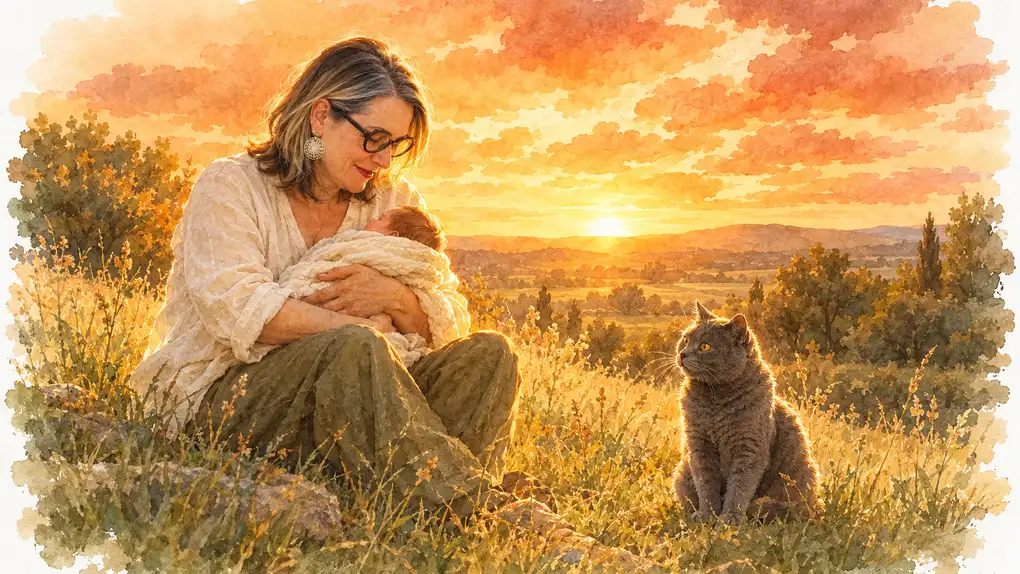 Chat jaloux nouveau-né : aquarelle de Sophie qui berce son nouveau-né au coucher du soleil, Iro, son chat gris, assis un peu à l’écart, qui les observe