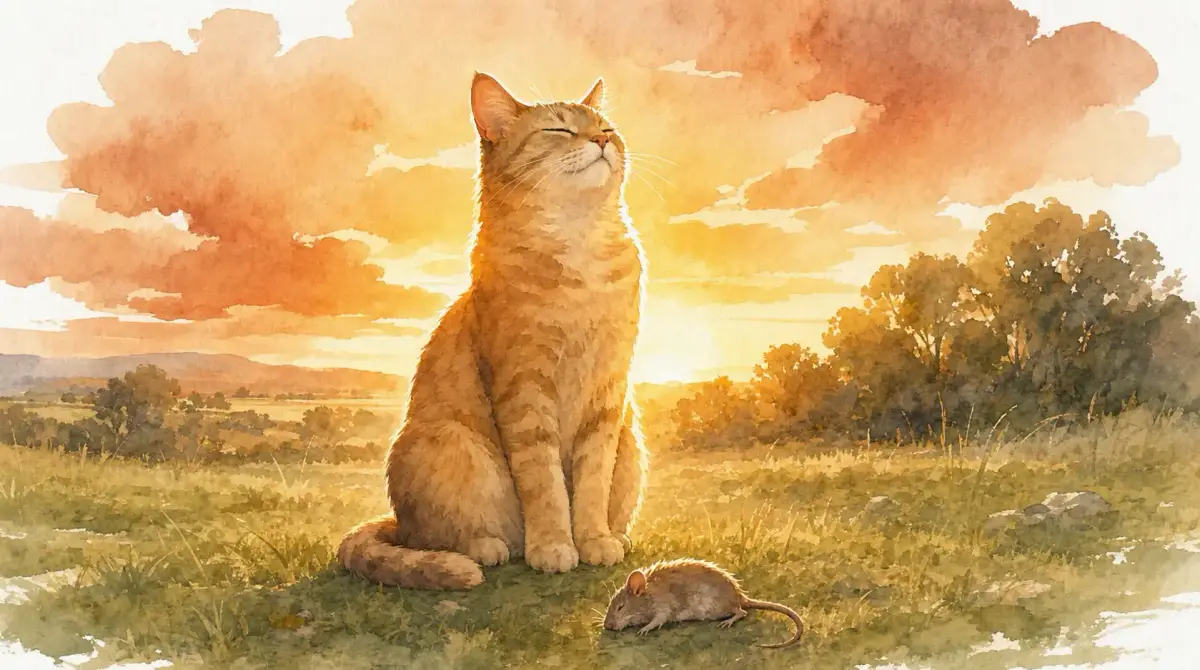 Pourquoi les chats jouent avec leur proie : aquarelle d’un chat roux assis dans l’herbe au soleil couchant, l’air fier, une souris à ses pieds