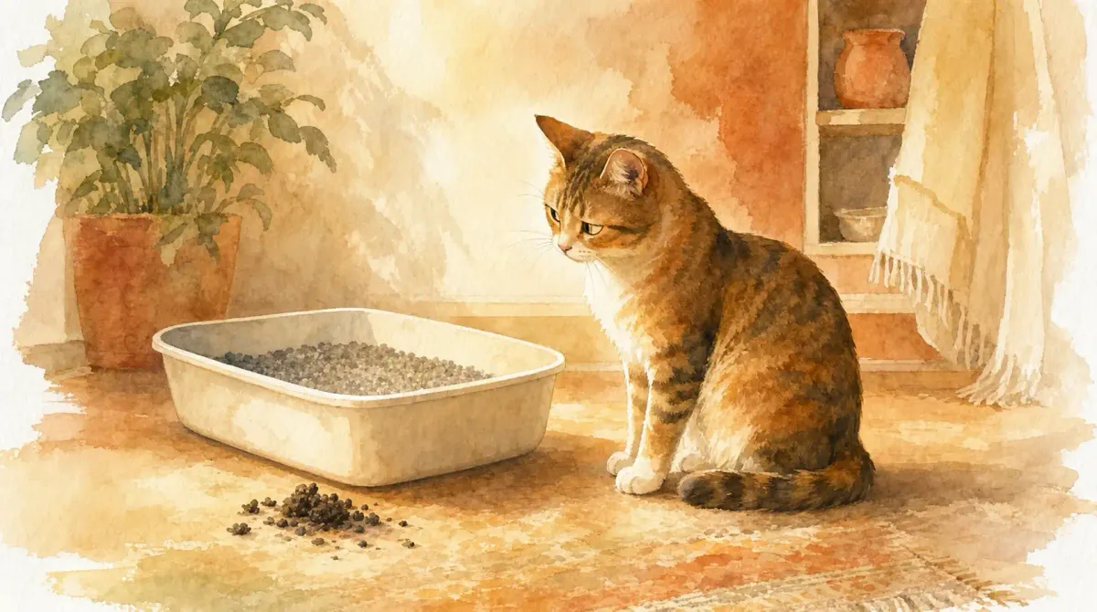 Chat pas propre : aquarelle d’un chat tigré assis à côté de sa litière, près des besoins qu’il a laissés sur le tapis