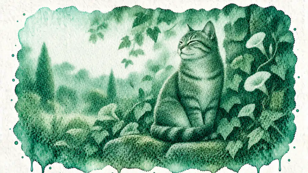 Chat symbolique : aquarelle d’un chat tigré assis, serein, au milieu du lierre et des fleurs de liseron