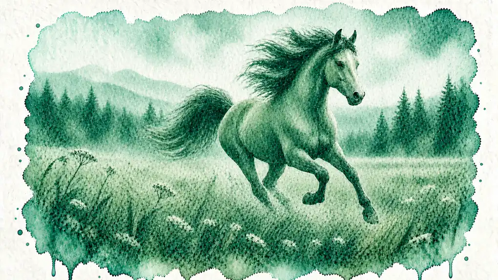 Symbolique du cheval : aquarelle d’un cheval en liberté qui galope dans une prairie, devant une lisière de sapins
