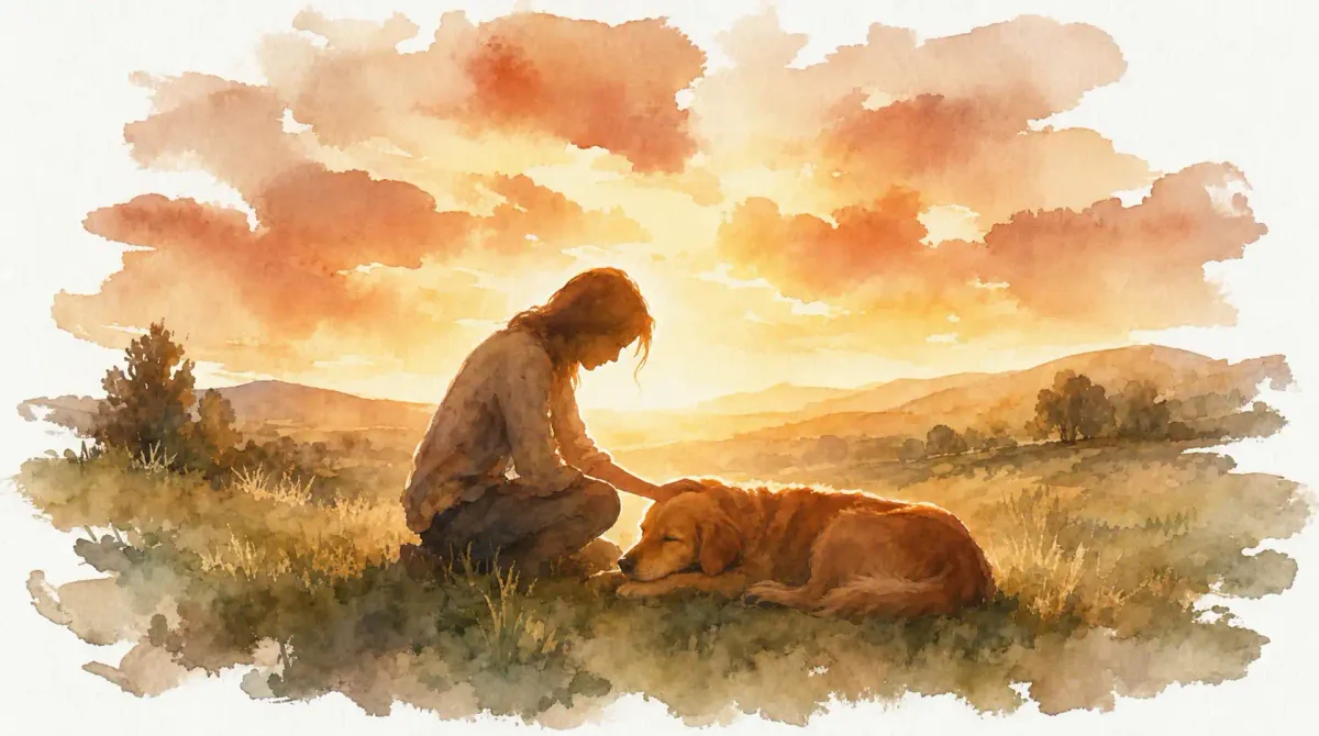 Chien triste : aquarelle d’une femme agenouillée dans l’herbe au coucher du soleil, la main sur la tête de son chien couché, les yeux fermés