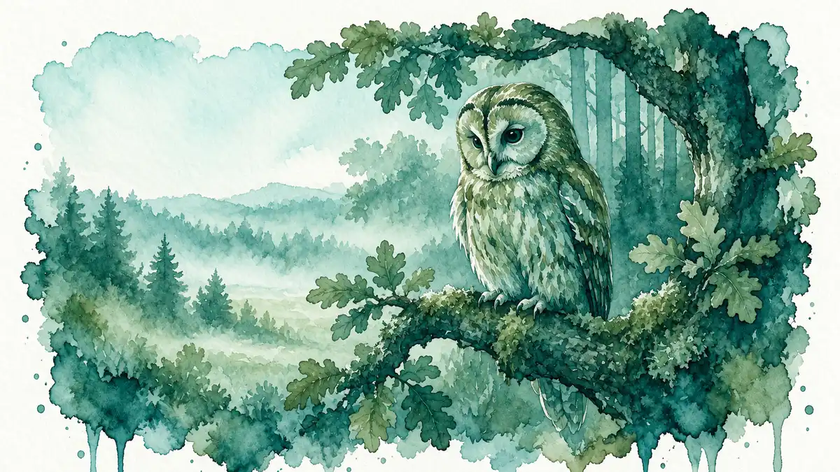 Chouette symbolique : aquarelle d’une chouette hulotte perchée sur la branche moussue d’un vieux chêne, au-dessus d’une vallée dans la brume