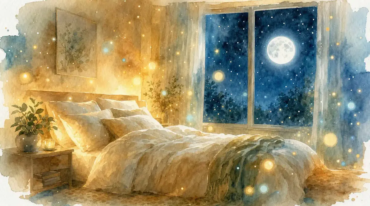 Comment mieux dormir : aquarelle d’une chambre paisible, un lit défait et la pleine lune derrière la fenêtre