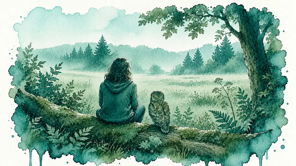 Travailler avec son animal totem : aquarelle d’une personne assise de dos sur un tronc moussu, à côté d’une chouette, face à une prairie
