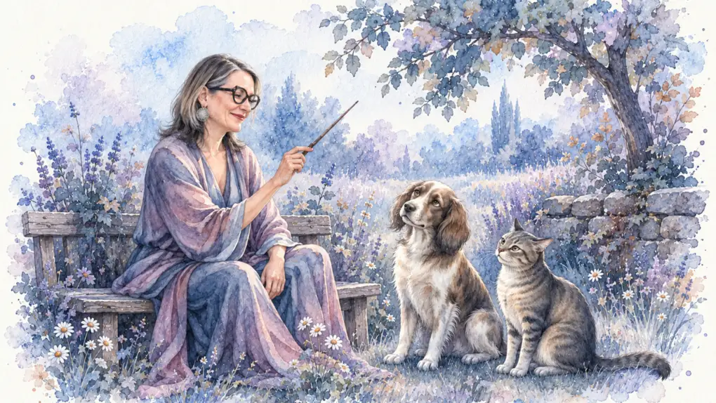 Communication animale danger : aquarelle de Sophie assise sur un banc de jardin, une baguette à la main, face à un chien et un chat qui la regardent d’un air dubitatif