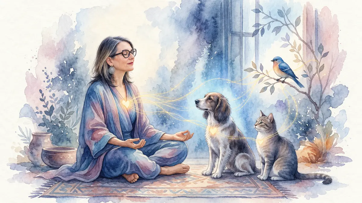 C’est quoi la communication animale : aquarelle de Sophie qui médite face à un chien et un chat, reliés à elle par des fils de lumière