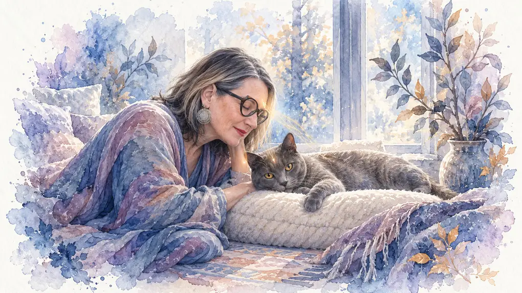 Communication intuitive animale : aquarelle de Sophie, les yeux fermés, allongée près d’Iro, son chat gris couché sur un coussin