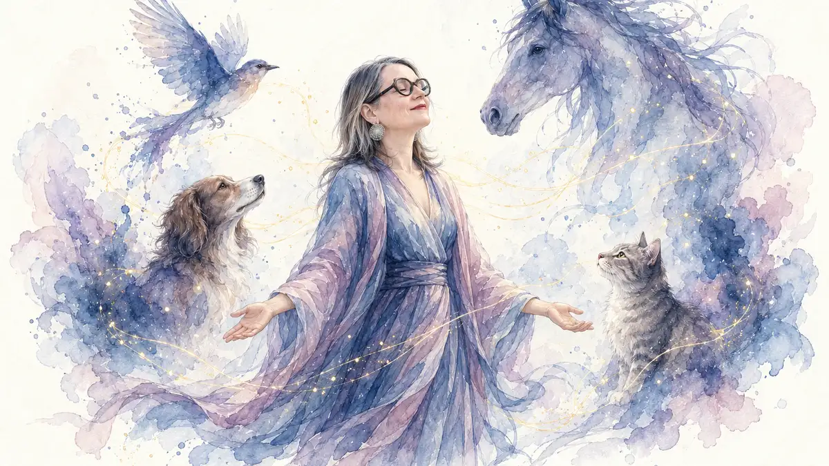 Pourquoi communiquer avec les animaux : aquarelle de Sophie, les yeux fermés, les bras ouverts, entourée d’un oiseau, d’un chien, d’un cheval et d’un chat dessinés en lavis bleus