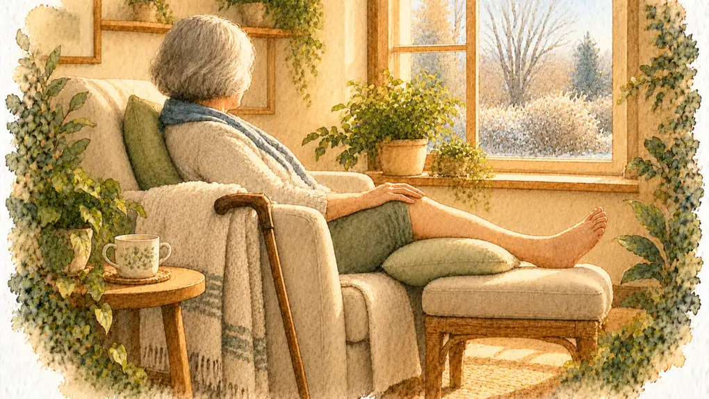 Crise d’arthrose : aquarelle d’une femme aux cheveux gris dans un fauteuil, la jambe allongée sur un repose-pied, la main sur le genou, une canne contre l’accoudoir
