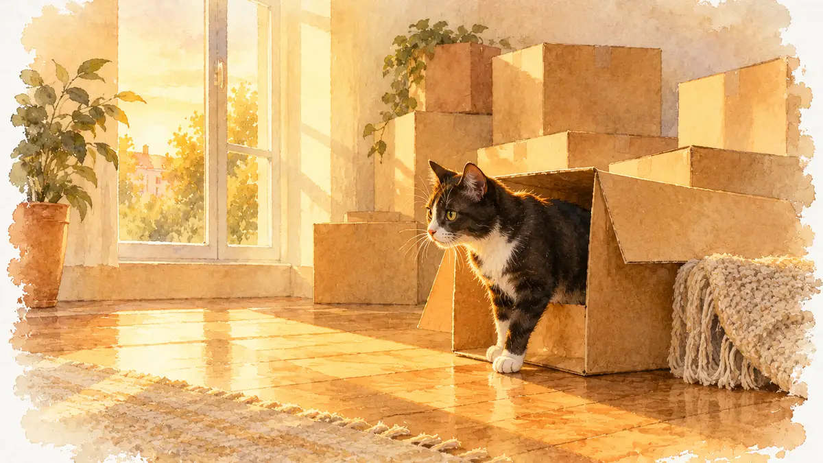 Déménagement chat : aquarelle d’un chat noir et blanc qui sort prudemment d’un carton ouvert, dans une pièce ensoleillée encore pleine de cartons