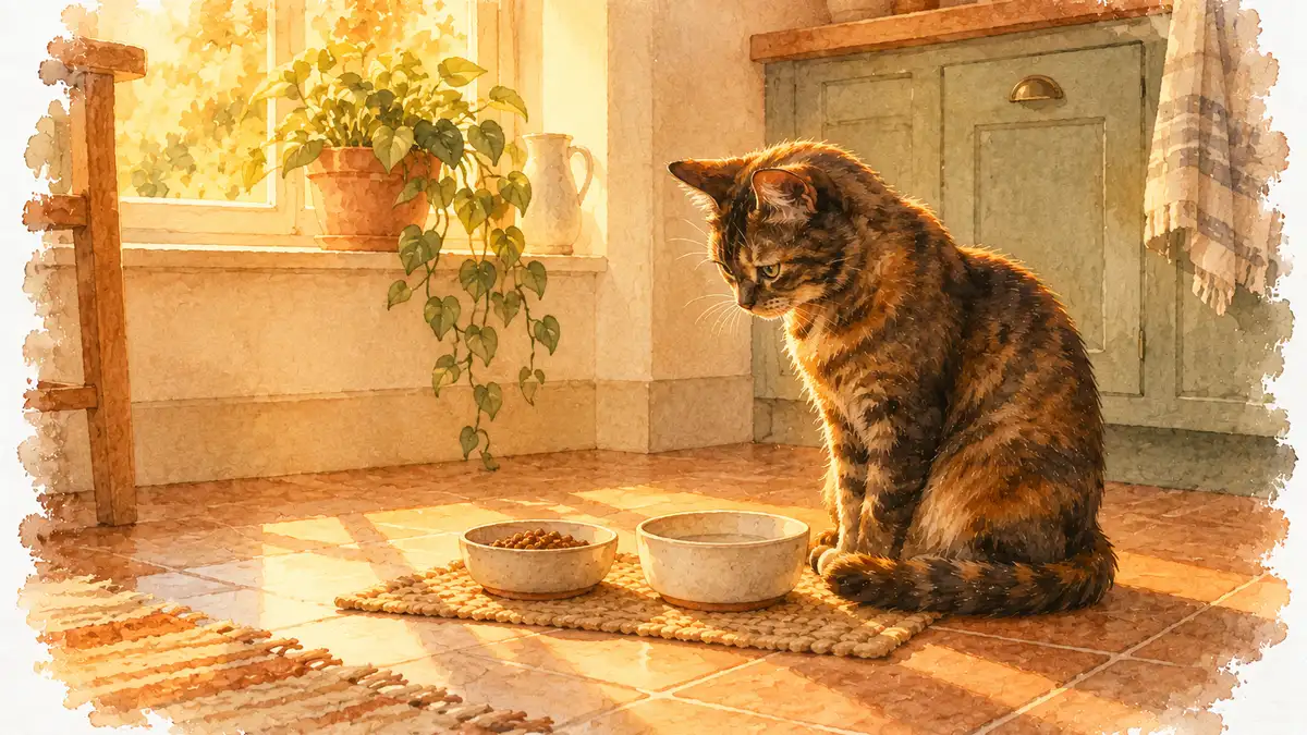 Deuil animal : aquarelle d’un chat écaille de tortue assis dans une cuisine ensoleillée, la tête penchée vers deux gamelles posées côte à côte