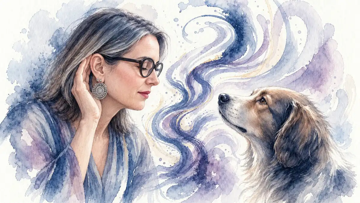 Devenir communicatrice animalière : aquarelle de Sophie qui tend l’oreille, les yeux fermés, face à un chien qui lève la tête vers elle