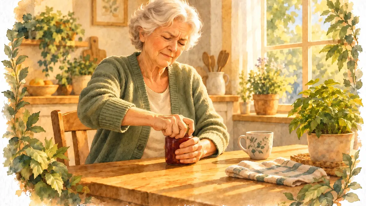 Douleurs articulaires : aquarelle d’une femme âgée qui grimace en essayant de dévisser le couvercle d’un pot de confiture, à la table de sa cuisine