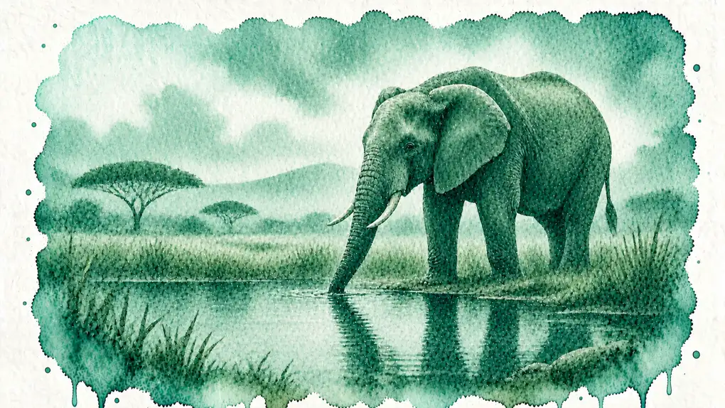 Animal totem éléphant : aquarelle d’un éléphant qui boit au bord d’un point d’eau, dans la savane
