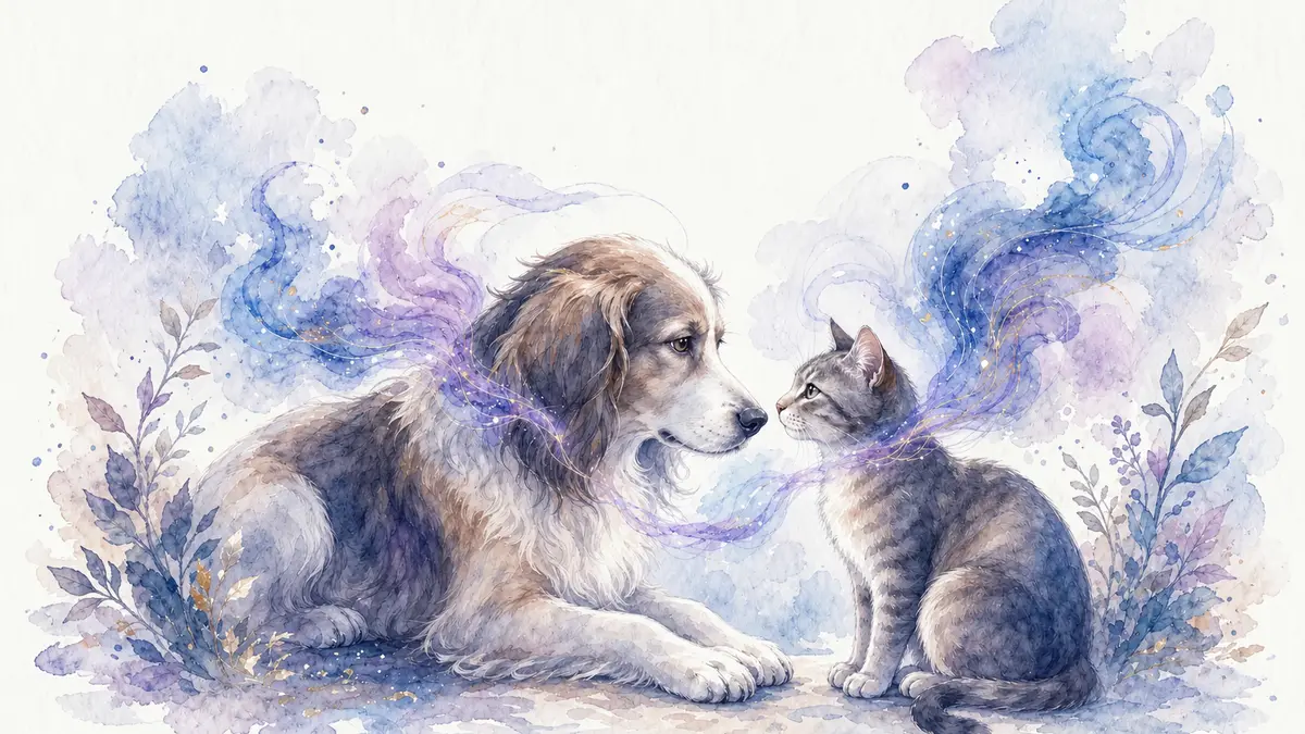Émotions des animaux : aquarelle d’un chien aux longues oreilles couché face à un chat tigré assis, reliés par des volutes bleues et lavande