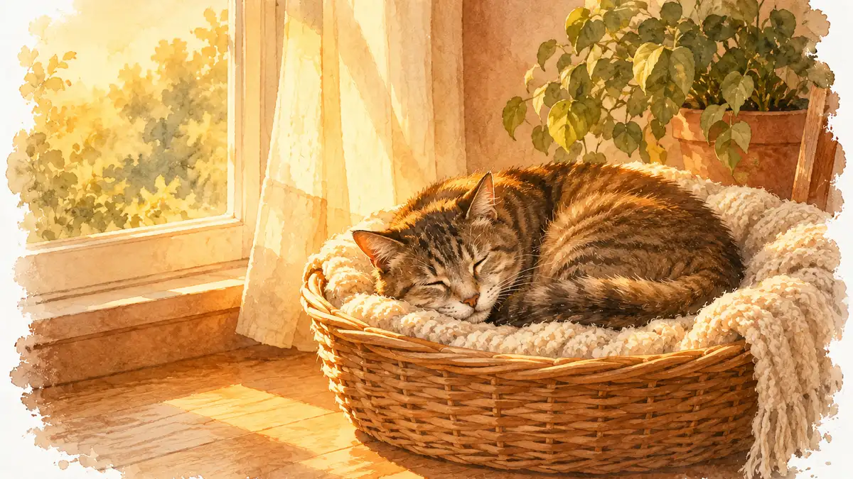 Fin de vie chat : aquarelle d’un vieux chat tigré endormi en boule dans un panier, au soleil d’une fin d’après-midi, près d’une fenêtre
