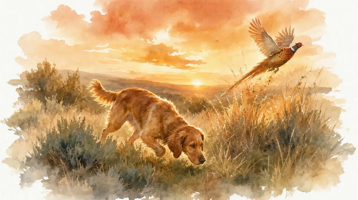 Instinct de chasse chien : aquarelle d’un chien roux qui piste dans les hautes herbes au soleil couchant, un faisan s’envolant devant lui
