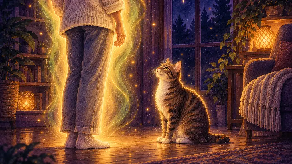 Aura animal : aquarelle d’un chat tigré assis qui lève les yeux vers son humain, entouré d’une aura de lumière dorée et verte