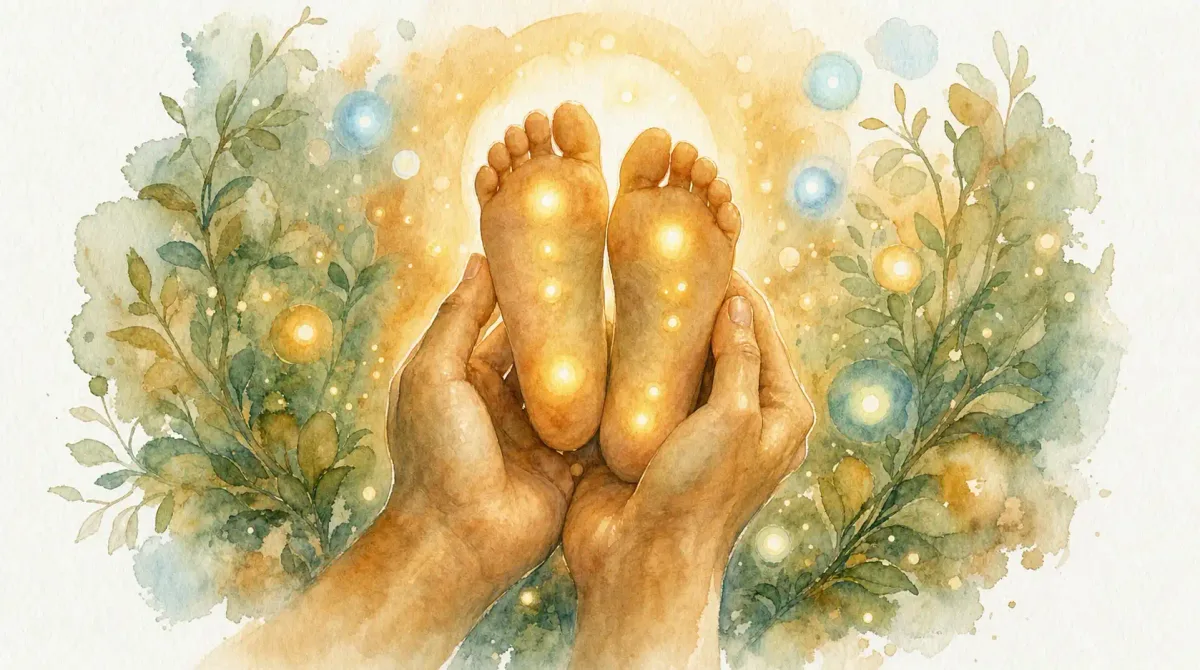 Réflexologie combinée : aquarelle de deux mains qui tiennent deux pieds, des points de lumière sur la plante