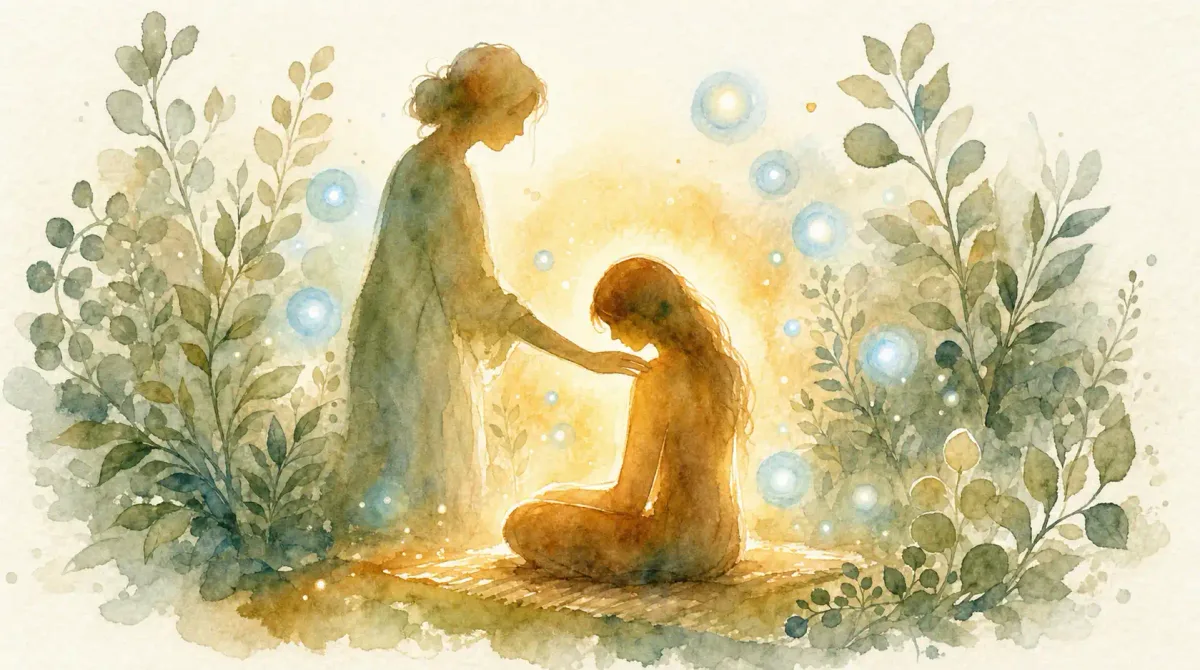 Réflexologie deuil : aquarelle d’une femme qui pose doucement la main sur l’épaule d’une personne assise, tête baissée