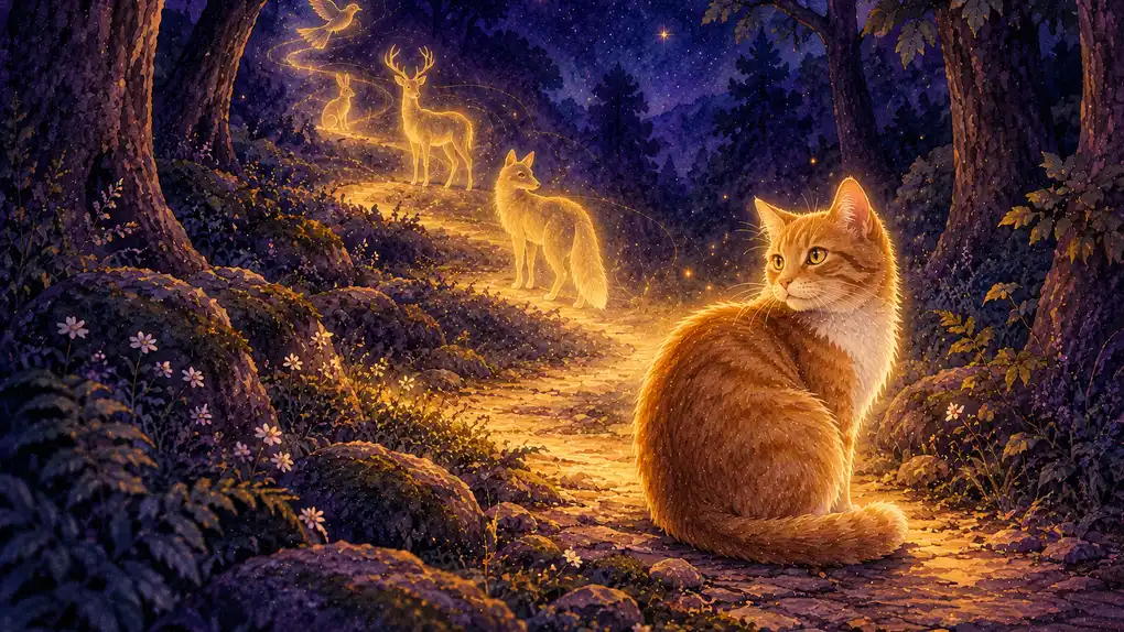 Karma animal : aquarelle d’un chat roux assis sur un chemin de forêt, la nuit, qui regarde derrière lui un renard, un cerf, un lièvre et un oiseau faits de lumière dorée