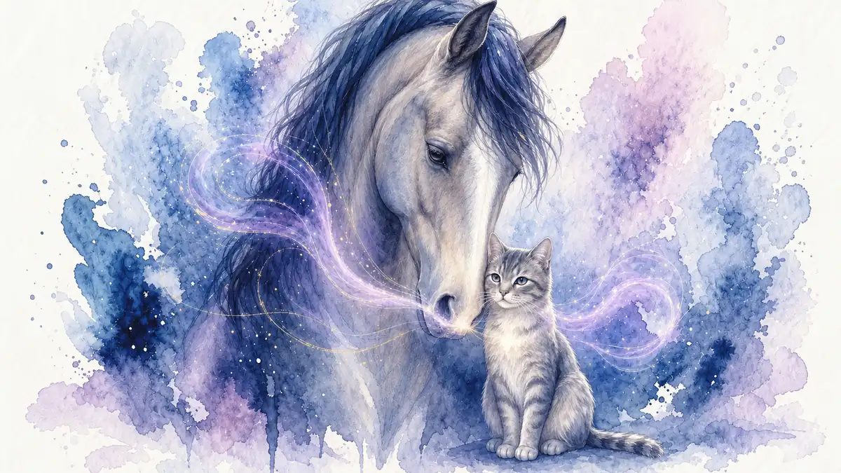 Ce que mon animal dit de moi : aquarelle d’un cheval gris qui penche la tête vers un chat tigré assis contre lui, entourés de volutes lavande