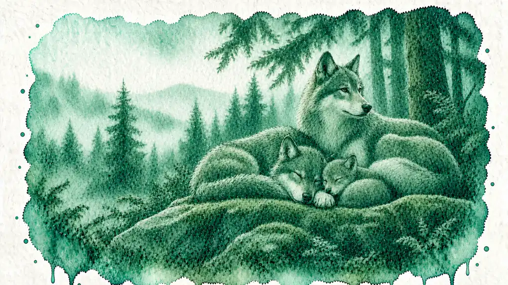 Symbolique loup : aquarelle d’un loup adulte qui veille sur deux louveteaux endormis, sur un rocher moussu entre les sapins