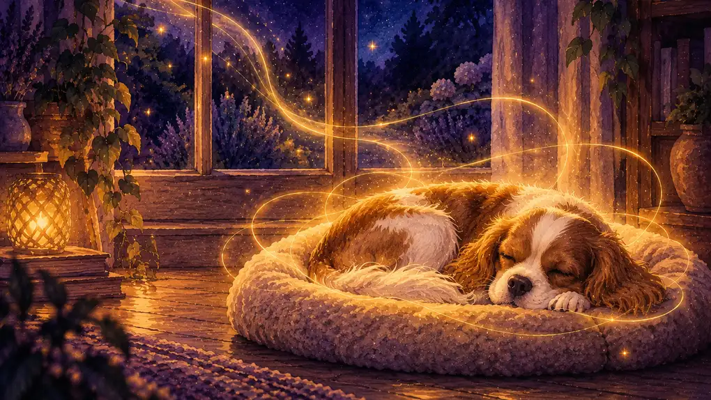 Magnétisme sur animaux : aquarelle d’un petit chien endormi sur un coussin près d’une fenêtre, la nuit, enveloppé de fils de lumière dorée