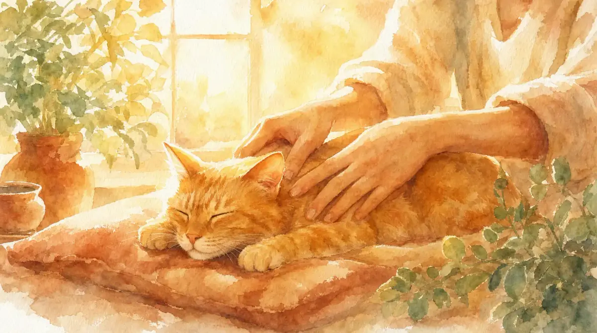 Masser son chat : aquarelle de deux mains qui massent doucement le dos d’un chat roux endormi sur un coussin