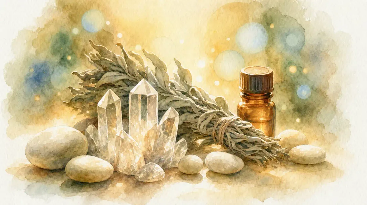 Médecines douces : aquarelle de cristaux de quartz, de galets, d’un bouquet de sauge séchée et d’un flacon d’huile essentielle