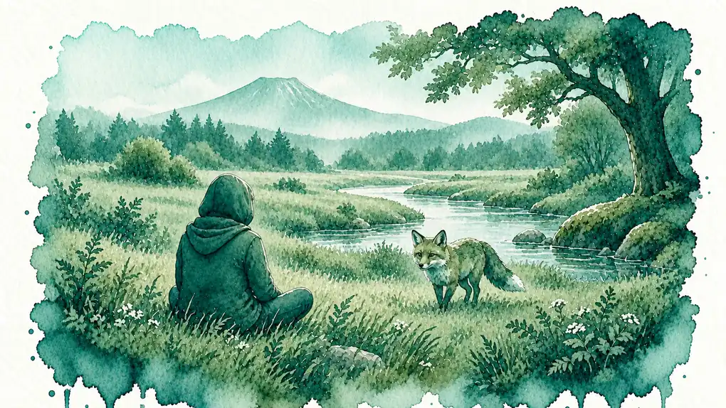 Méditation animal totem : aquarelle d’une personne assise dans une prairie, vers qui un renard s’avance depuis la rivière
