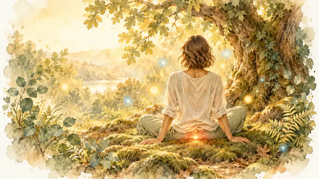 Méditation chakra racine : aquarelle d’une femme assise en tailleur au pied d’un chêne, vue de dos, les mains posées sur la mousse, une lueur rouge orangé à la base du dos