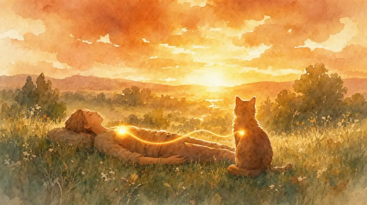 Méditation chat : aquarelle d’une personne allongée dans l’herbe au coucher du soleil, reliée par un fil de lumière à un chat assis près d’elle