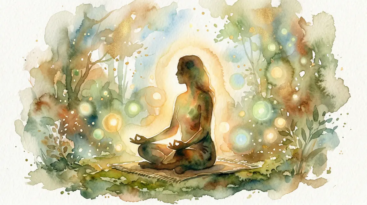 Méditation débutant : aquarelle d’une femme assise en tailleur dans un sous-bois, entourée de points de lumière