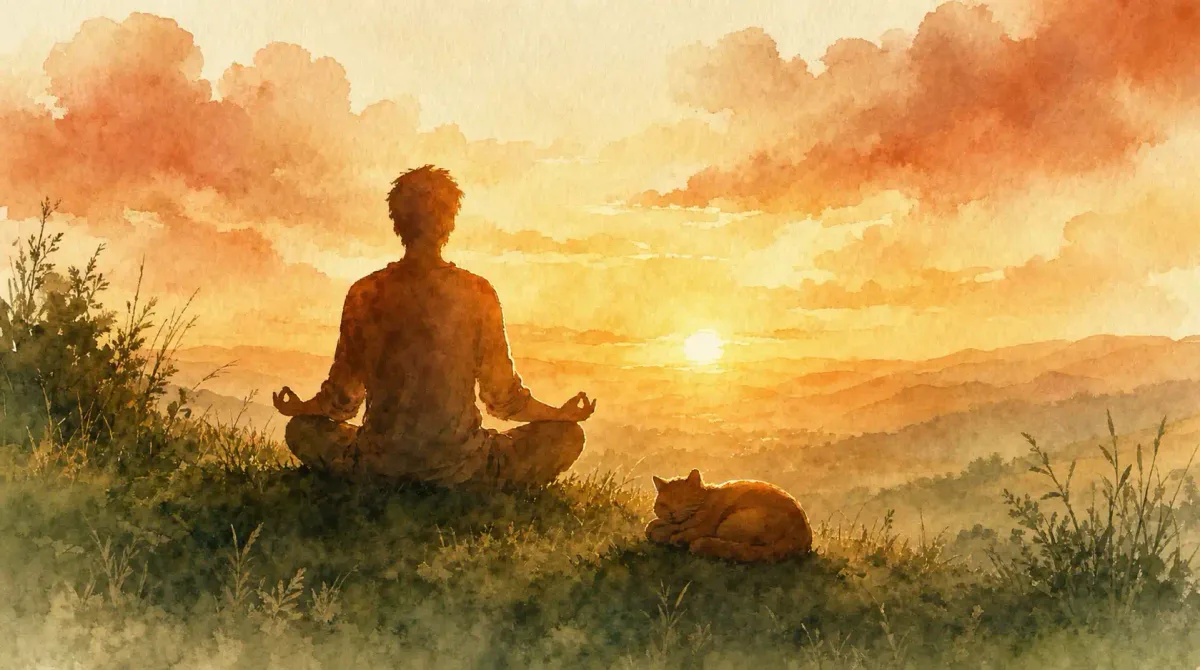Méditer avec son animal : aquarelle d’une personne assise en tailleur face au soleil couchant, un chat roux endormi dans l’herbe près d’elle