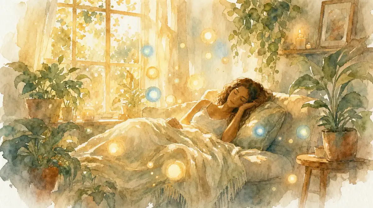 Micro sieste : aquarelle d’une femme qui dort sur un canapé, sous un plaid, près d’une fenêtre ensoleillée