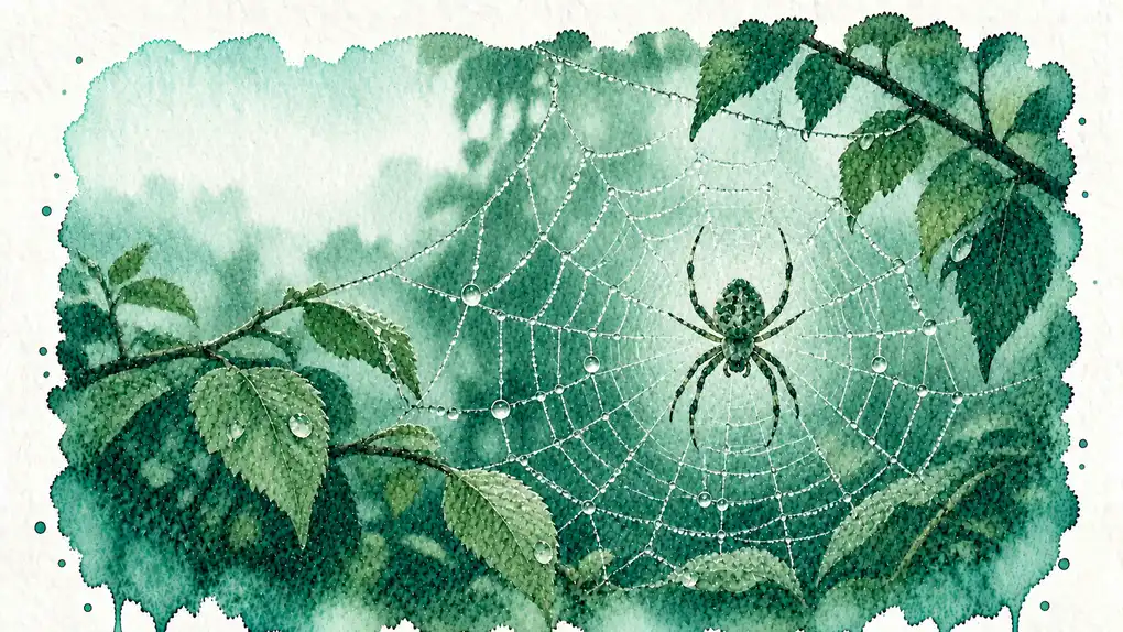 Animal totem araignée : aquarelle d’une araignée au centre de sa toile perlée de rosée, entre des branches feuillues